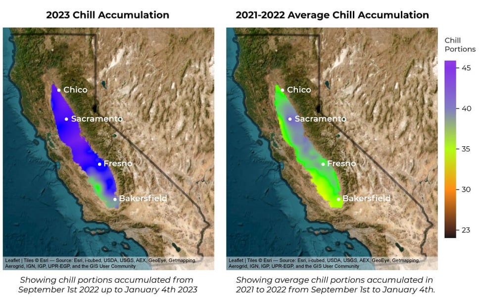 Heatmaps showing variation in chill accumulation based on chill portions throughout the Central Valley