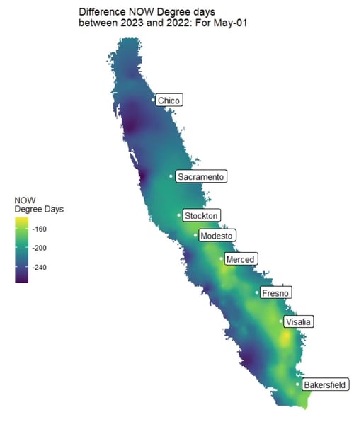 Heatmap of the Central Valley, comparing differences in navel orangeworm degree days accumulation in 2023 vs 2022