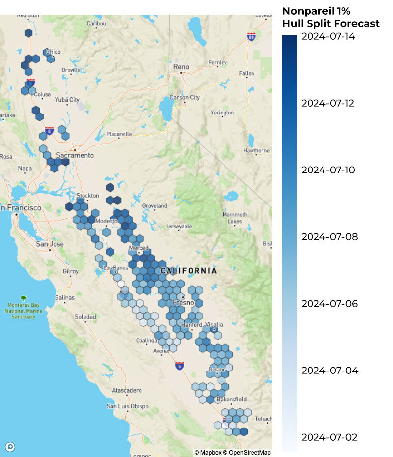 Map of Central Valley, showing Semios forecasted 1% hull split dates for different regions.