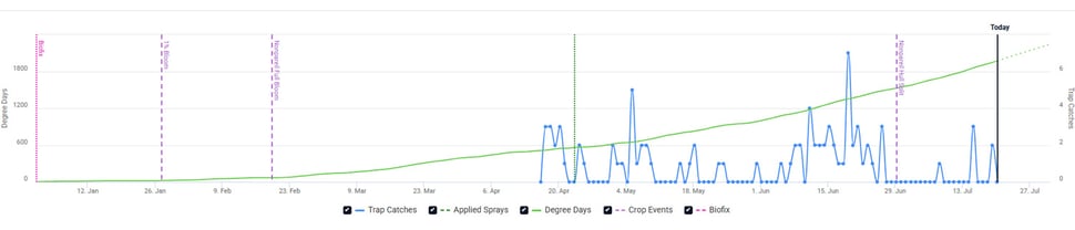 Chart showing navel orangeworm trap catches, degree days, spray windows, and biofix dates