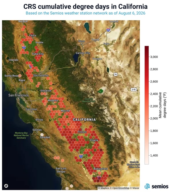 Map of California showing a heatmap of cumulative California Red Scale degree days as of Aug. 6, 2026.