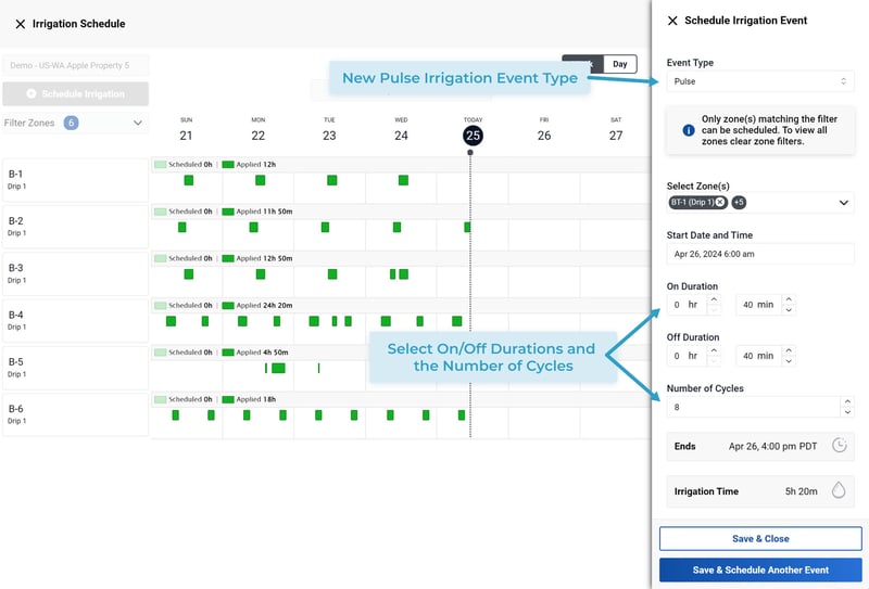 Screenshot of the Semios Irrigation Scheduler page when planning a pulse irrigation event