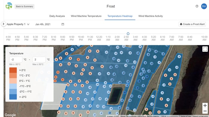 Screenshot der Semios-Plattform, die eine Frostkarte zeigt.