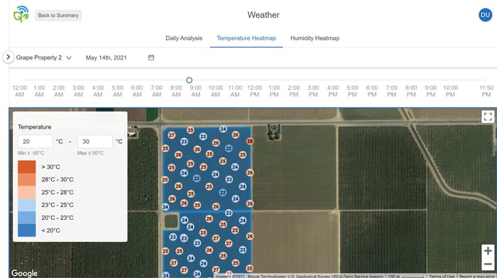 Screenshot der Semios-Plattform, der die Temperaturkarte zeigt, die auf den Temperaturen basiert, die von den im Feld platzierten Wetterstationen erfasst wurden.