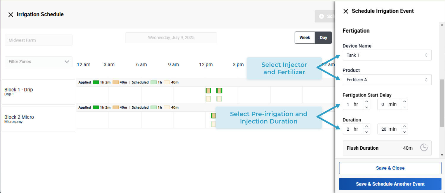 Screenshot of the Semios app, showing the "Schedule Fertigation" user interface.