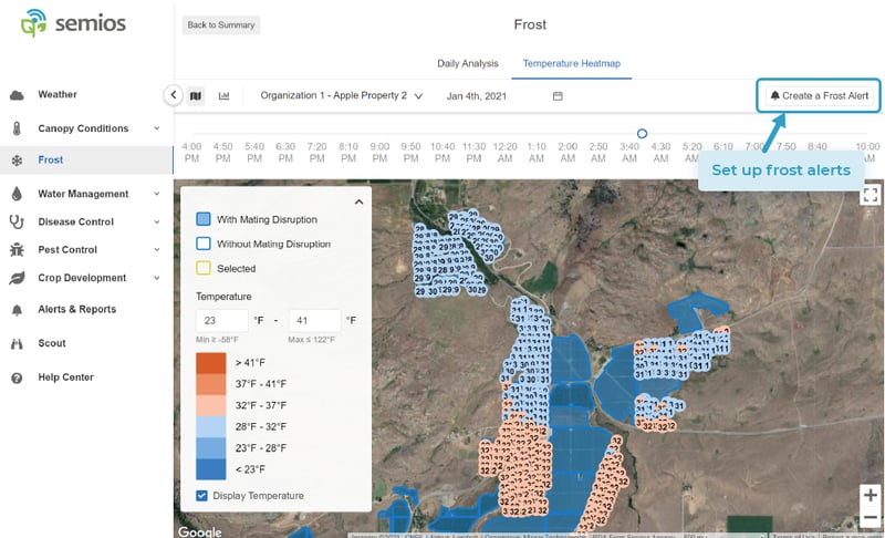 map of frost risk on Semios app