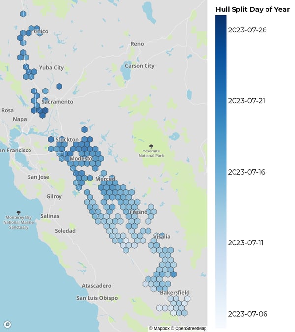 Forecasted 1% hull split dates by region in California