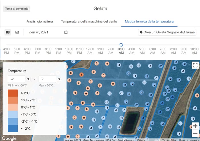 Screenshot della piattaforma Semios che mostra una mappa delle gelate.