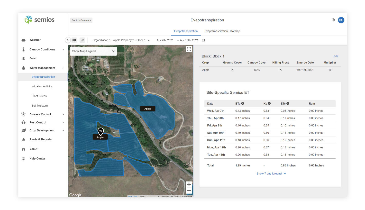 Evapotranspiration on Semios dashboard