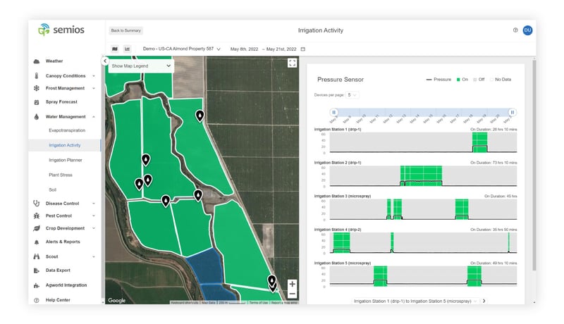 Map showing where pressure sensors are installed on a ranch, with corresponding graphs that show the line pressure and when an irrigation set is running.