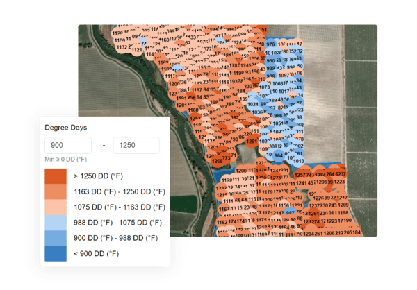 Heatmap showing variation in degree days accumulation across a farm