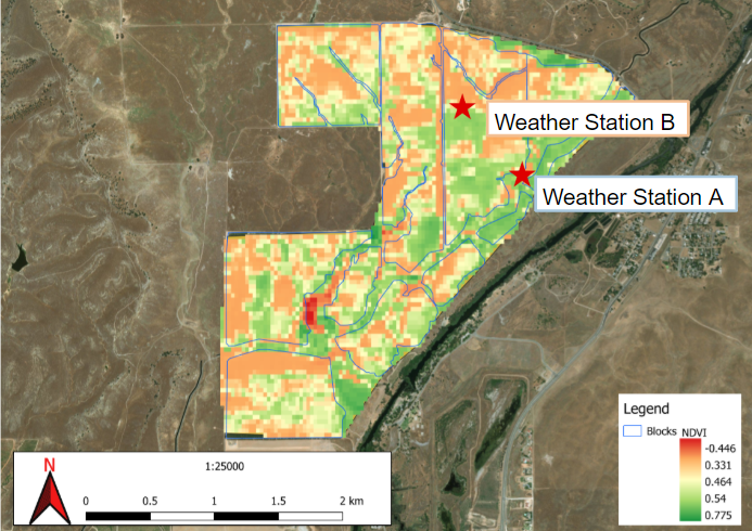 NDVI sattelite imagery. Green areas show regions with denser winter time vegetation while red areas are more sparse